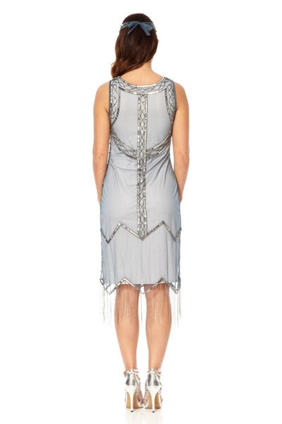 Art Deco Style Fringe Party Dress in Blue Grey