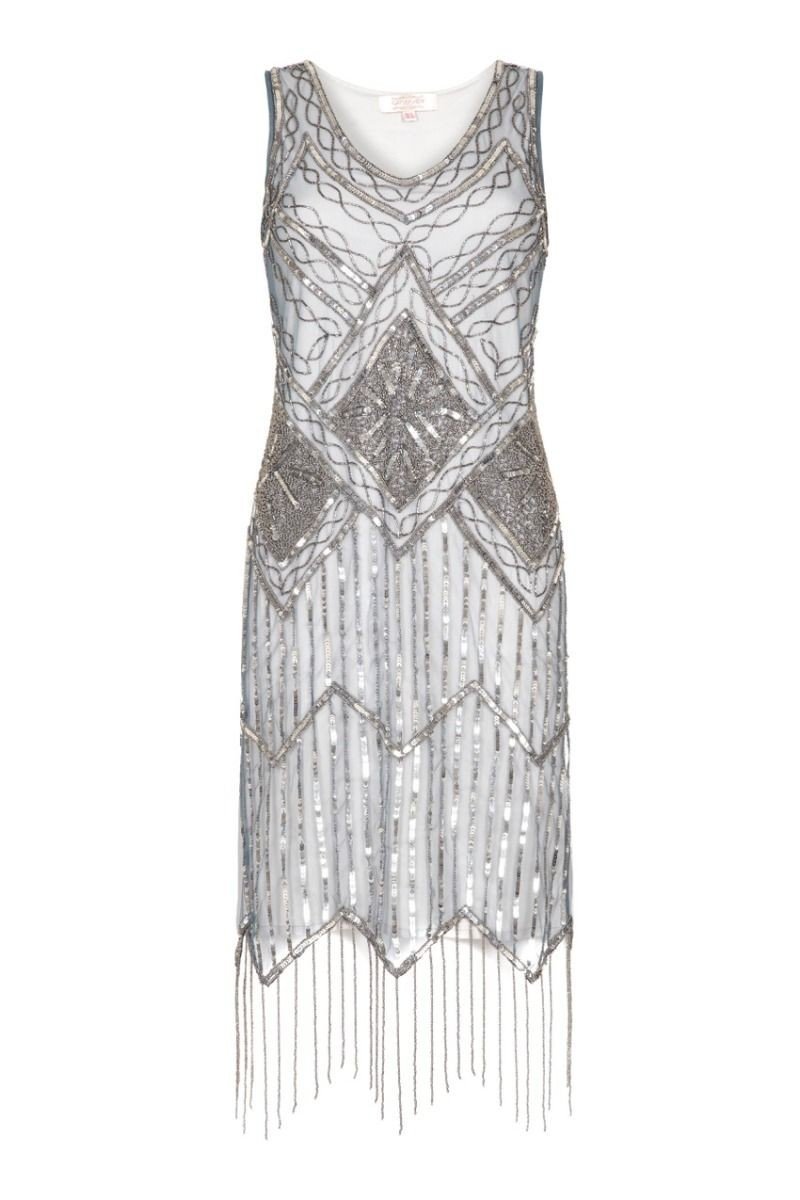 Art Deco Style Fringe Party Dress in Blue Grey