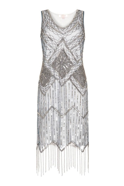 Art Deco Style Fringe Party Dress in Blue Grey
