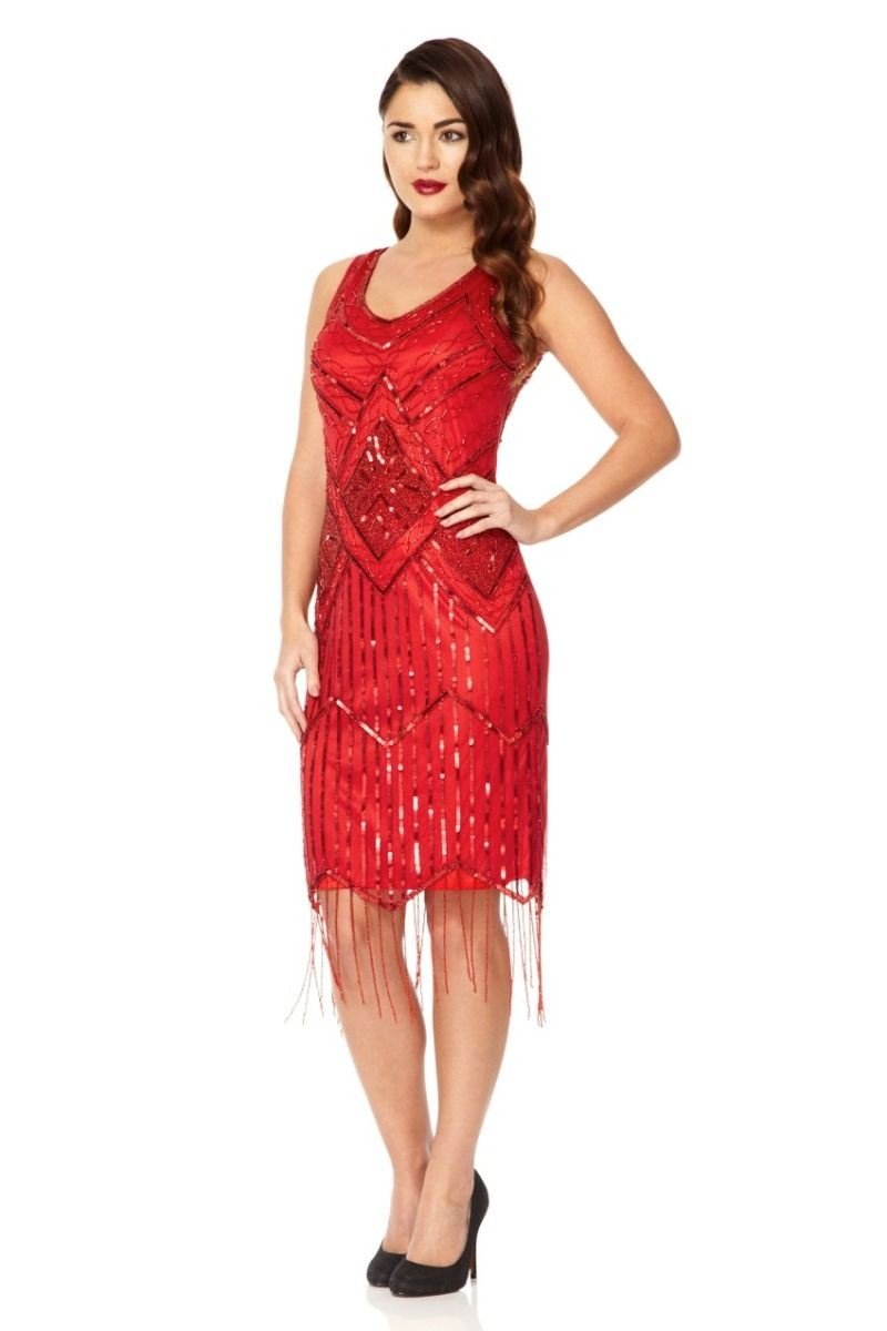 Art Deco Style Fringe Party Dress in Red