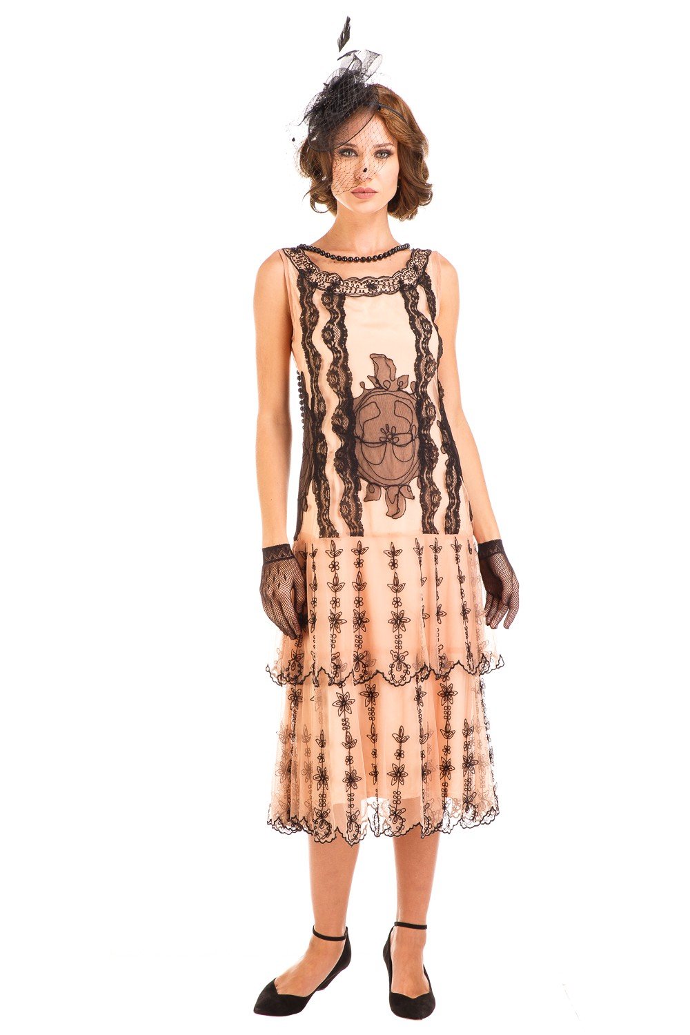 Age of Love Eva 1920s Flapper Style Dress in Peach/Black by Nataya