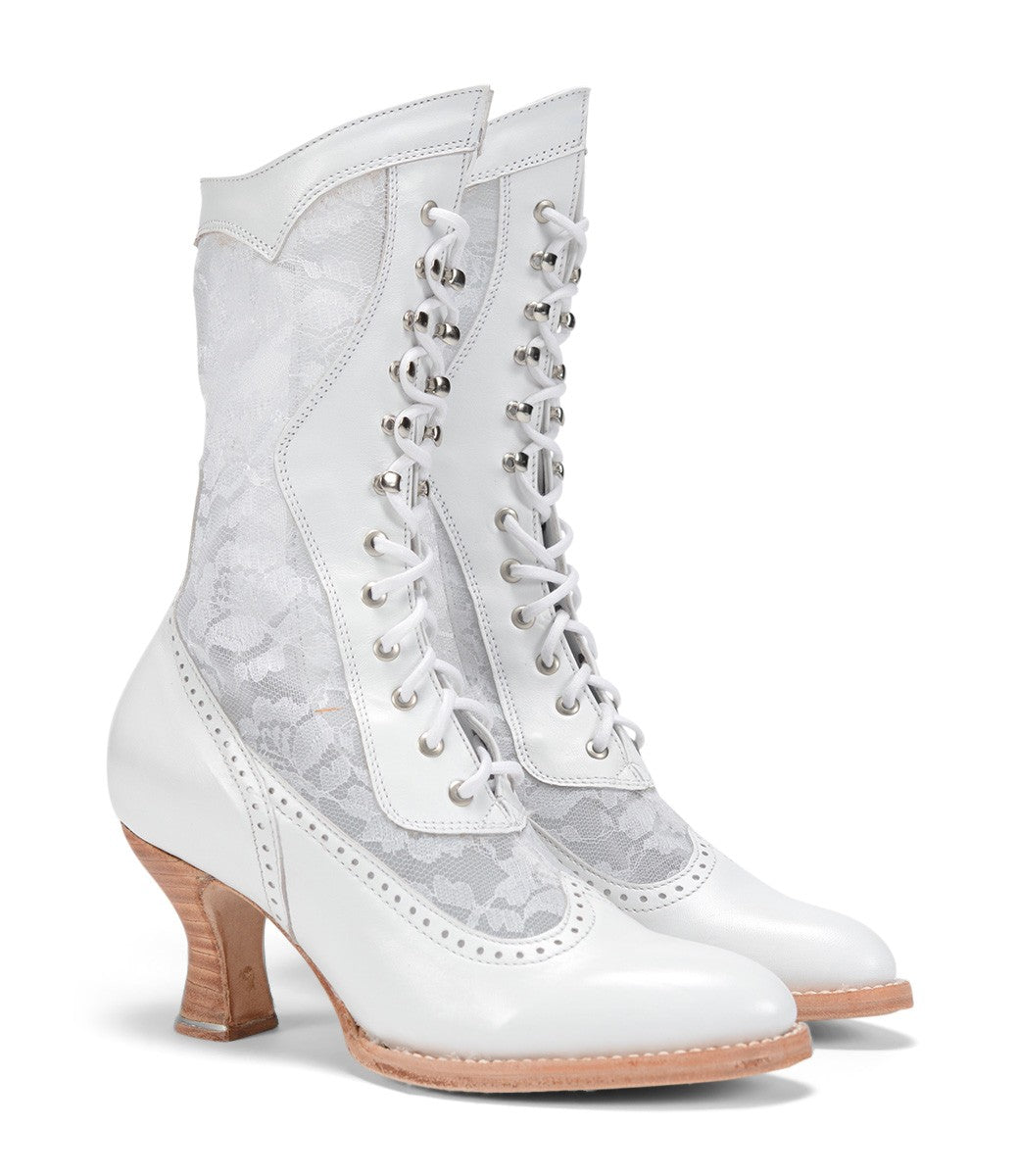 Victorian Inspired Leather & Lace Boots in White by Oak Tree Farms