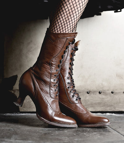 Modern Victorian Lace Up Leather Boots in Cognac Oak Tree Farms