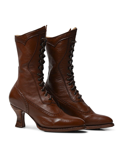 Modern Victorian Lace Up Leather Boots in Cognac Oak Tree Farms