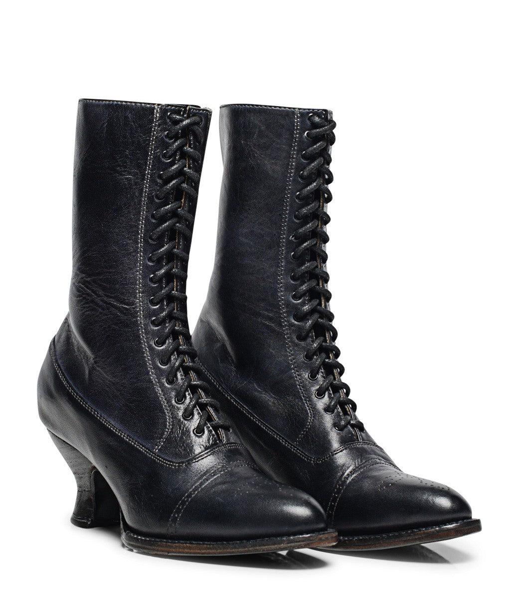 Mirabelle Victorian Mid-Calf Leather Boots in Black Rustic