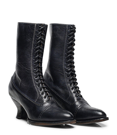 Mirabelle Victorian Mid-Calf Leather Boots in Black Rustic