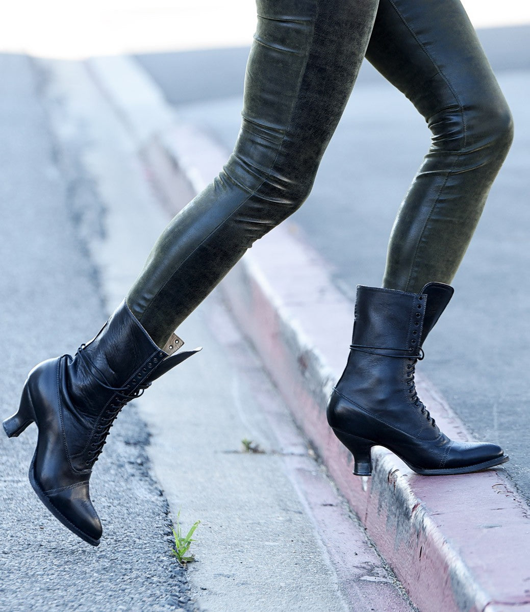 Mirabelle Victorian Mid-Calf Leather Boots in Black Rustic