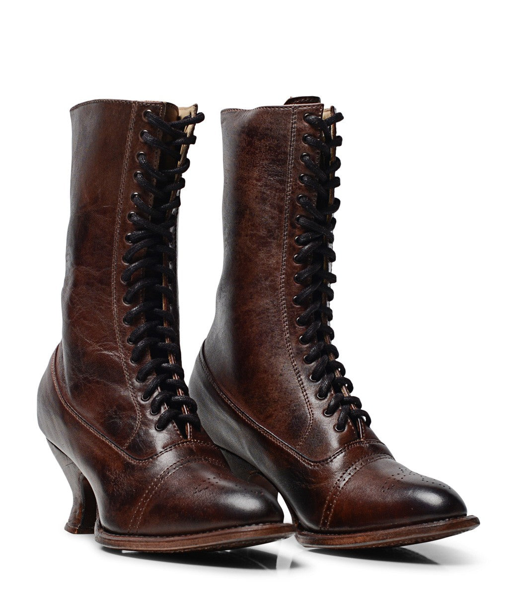 Mirabelle Victorian Mid-Calf Leather Boots in Teak Rustic
