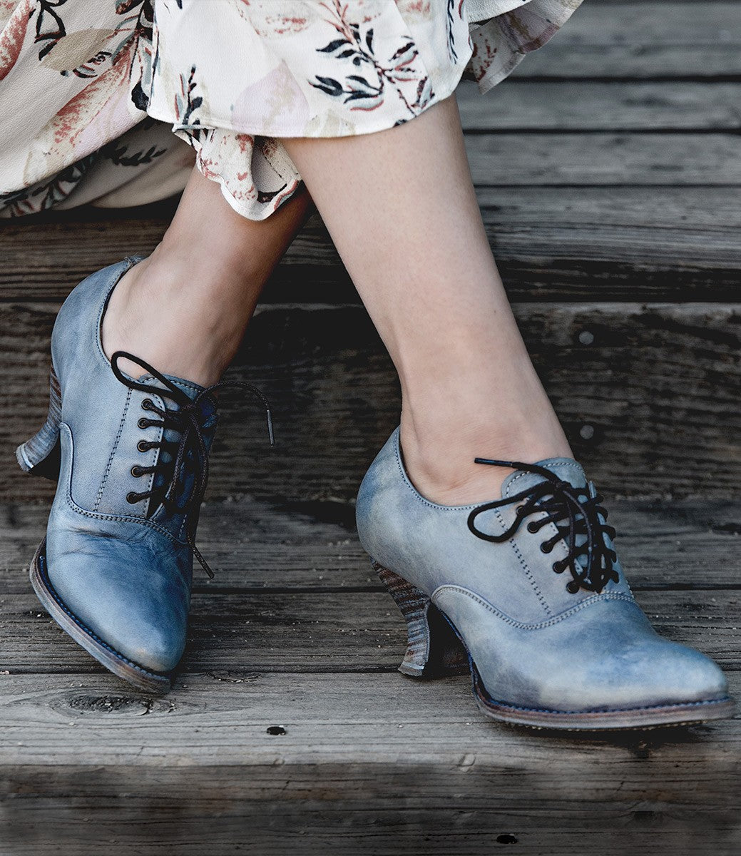 Victorian Style Leather Lace-Up Shoes in Steel Blue