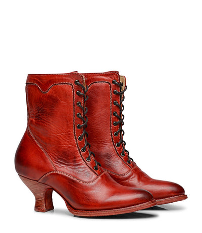 Victorian Style Leather Ankle Boots in Red Rustic