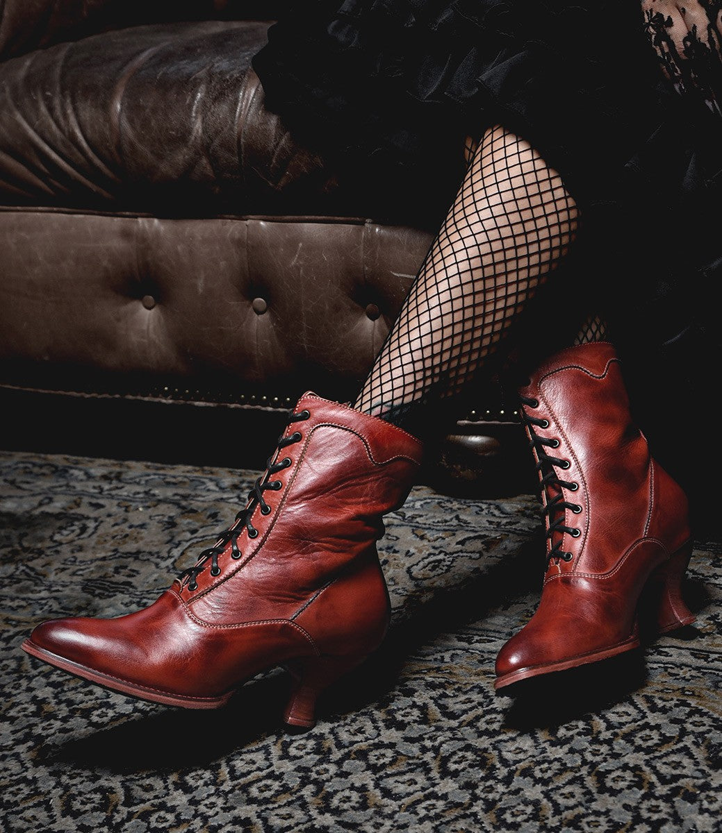 Victorian Style Leather Ankle Boots in Red Rustic