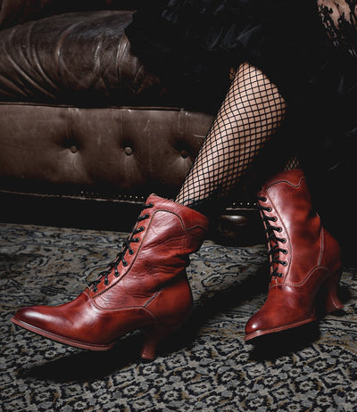 Victorian Style Leather Ankle Boots in Red Rustic by Oak Tree Farms