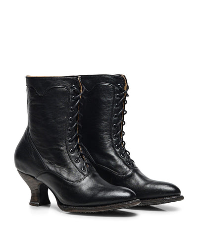 Victorian Style Leather Ankle Boots in Black Rustic
