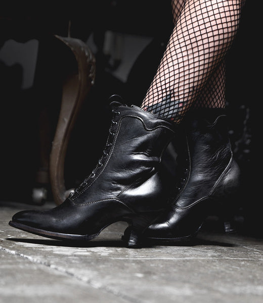 Victorian Style Leather Ankle Boots in Black Rustic by Oak Tree Farms WardrobeShop