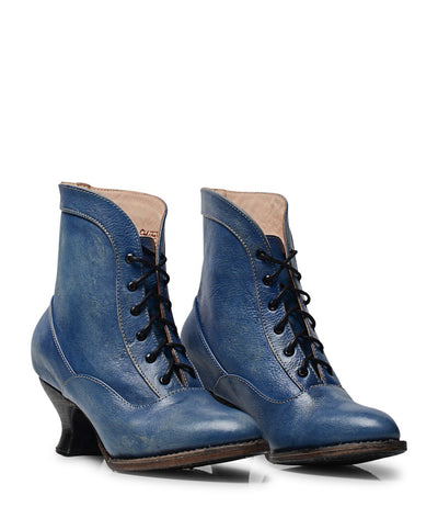 Vintage Style Victorian Lace Up Leather Boots in Steel Blue