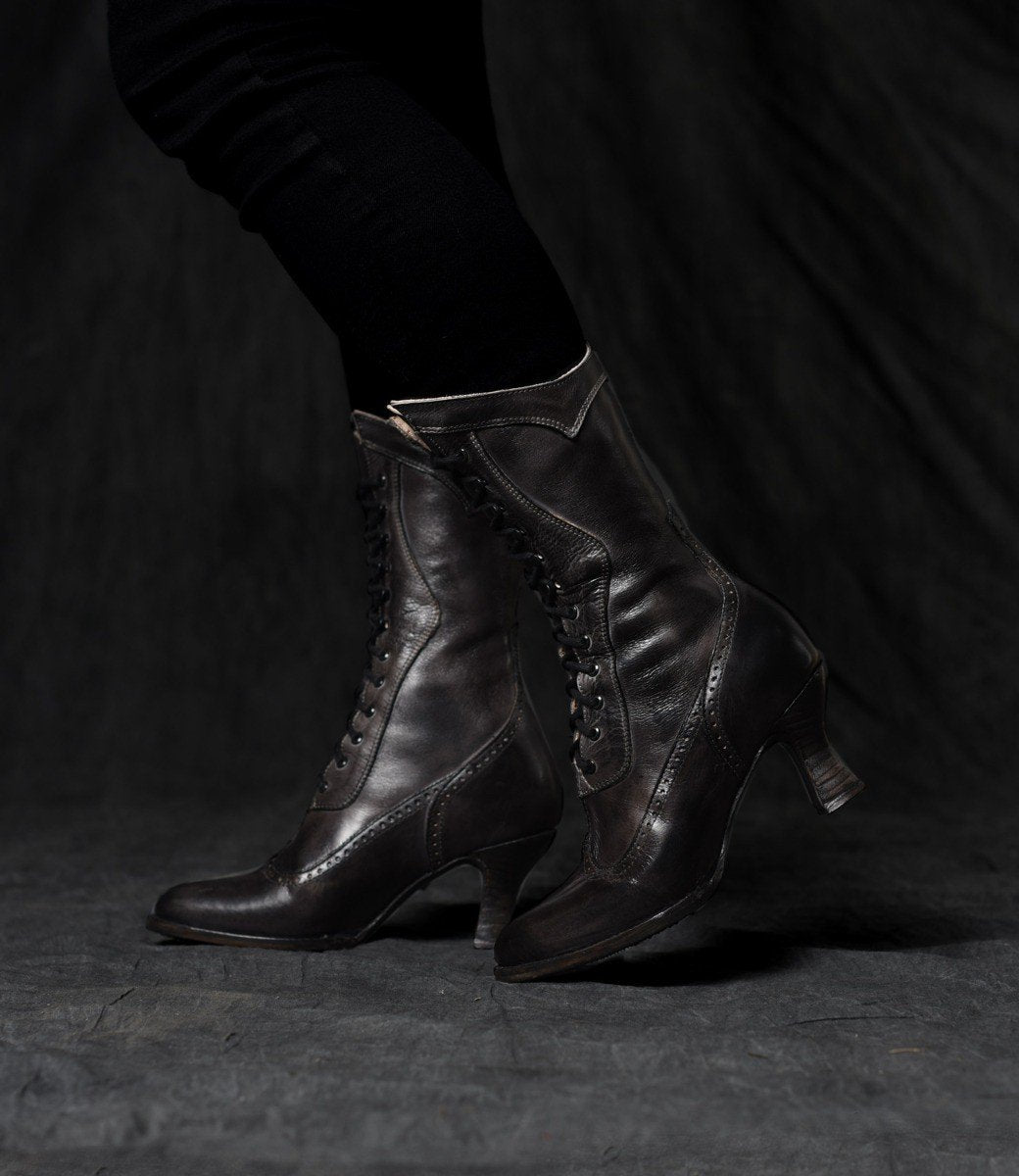 Modern Victorian Lace Up Leather Boots in Black Oak Tree Farms