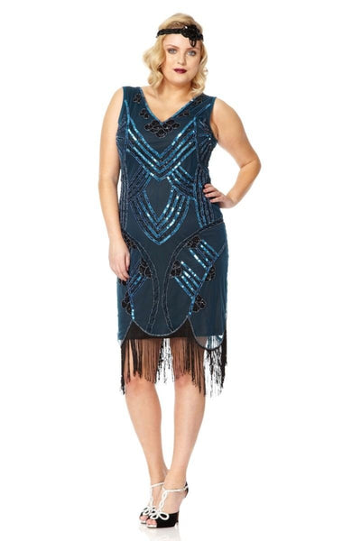 Roaring 20s Fringe Dress in Teal Black