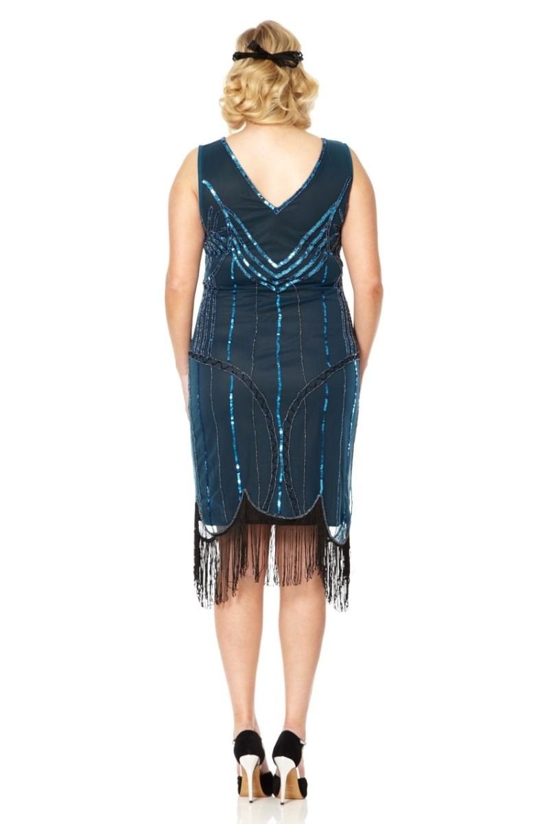 Roaring 20s Fringe Dress in Teal Black