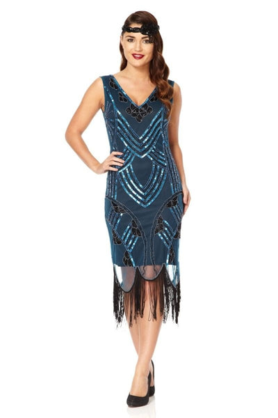 Roaring 20s Fringe Dress in Teal Black