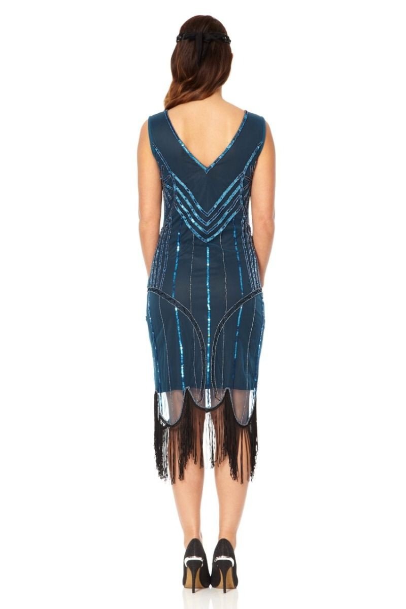 Roaring 20s Fringe Dress in Teal Black