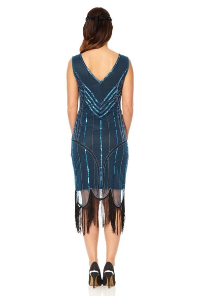 Roaring 20s Fringe Dress in Teal Black