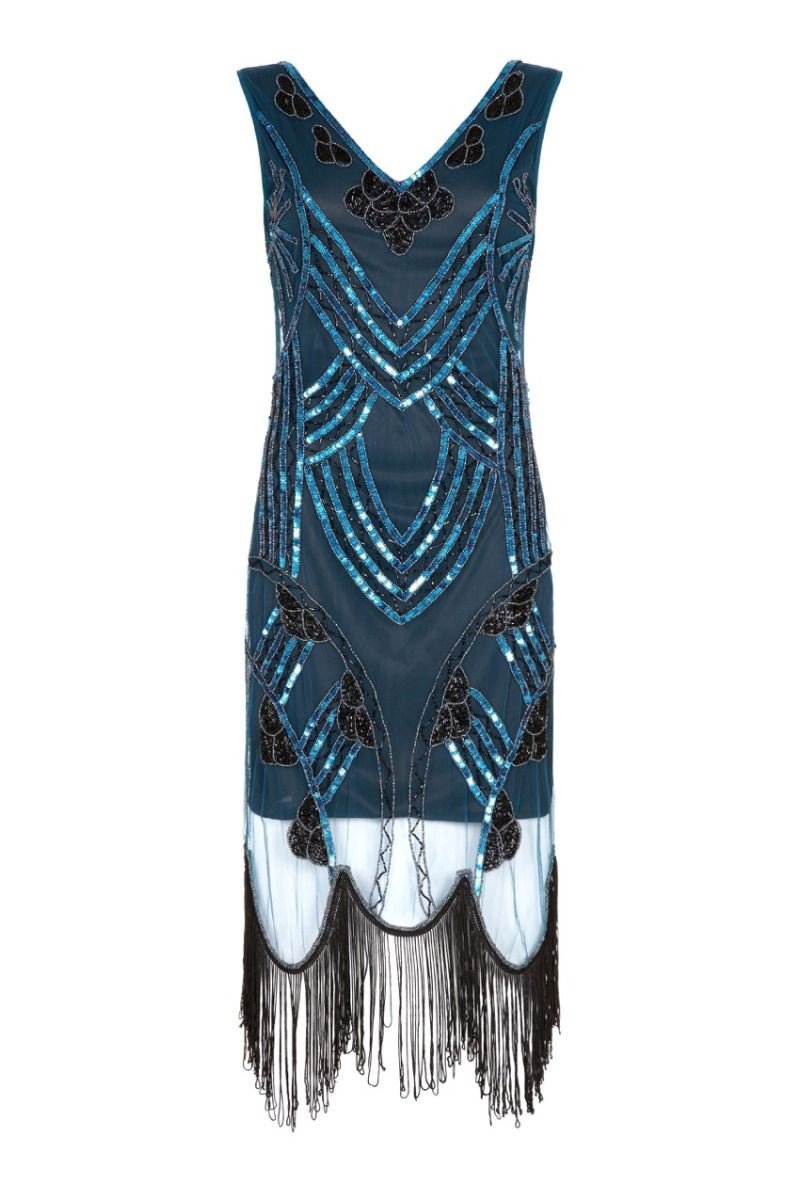 Roaring 20s Fringe Dress in Teal Black