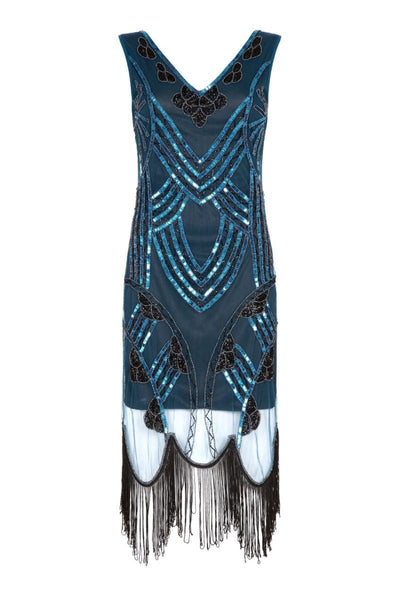Roaring 20s Fringe Dress in Teal Black