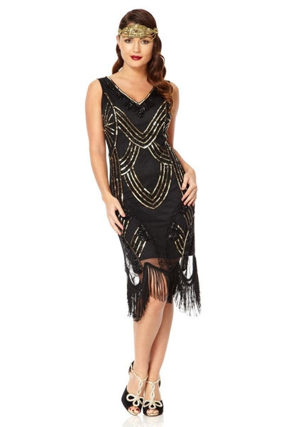 Roaring 20s Fringe Dress in Black Gold