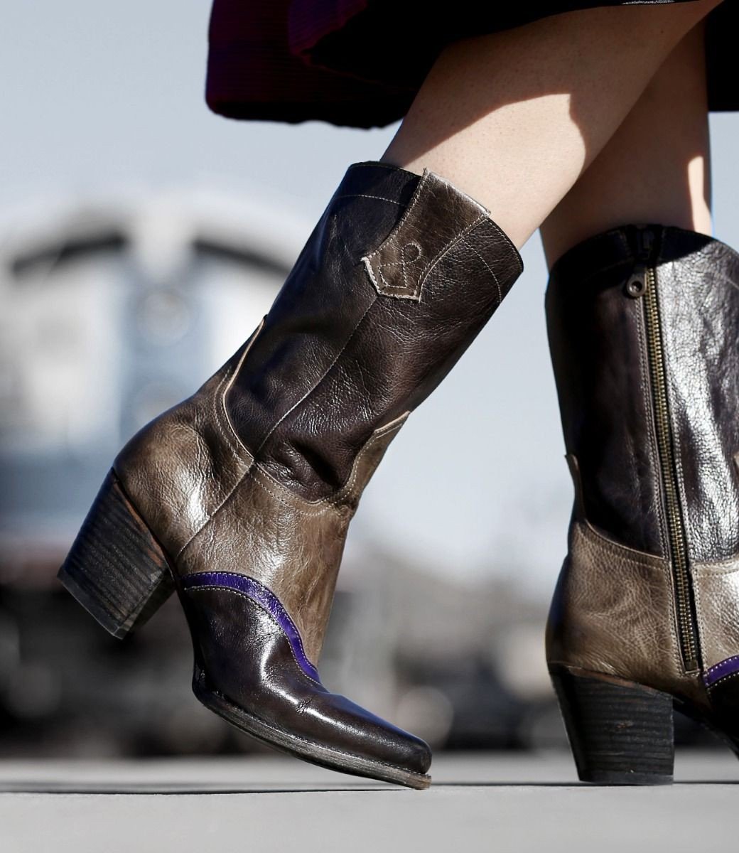 Basanti Mid-Calf Cowgirl Boots in Black Taupe by Oak Tree Farms