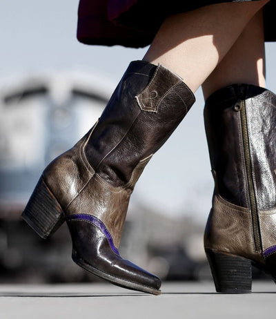 Basanti Mid-Calf Cowgirl Boots in Black Taupe by Oak Tree Farms