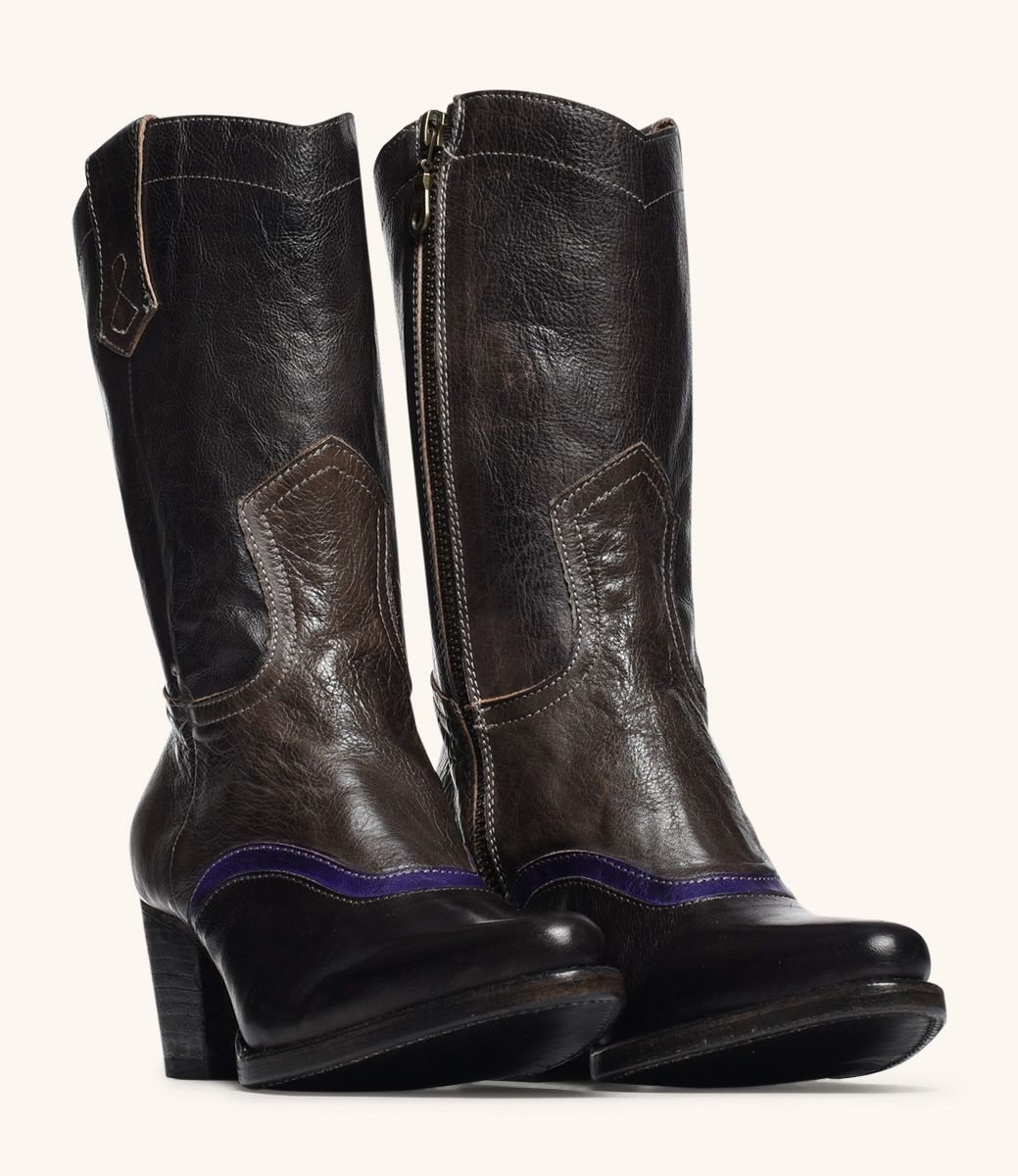 Basanti Mid-Calf Cowgirl Boots in Black Taupe by Oak Tree Farms