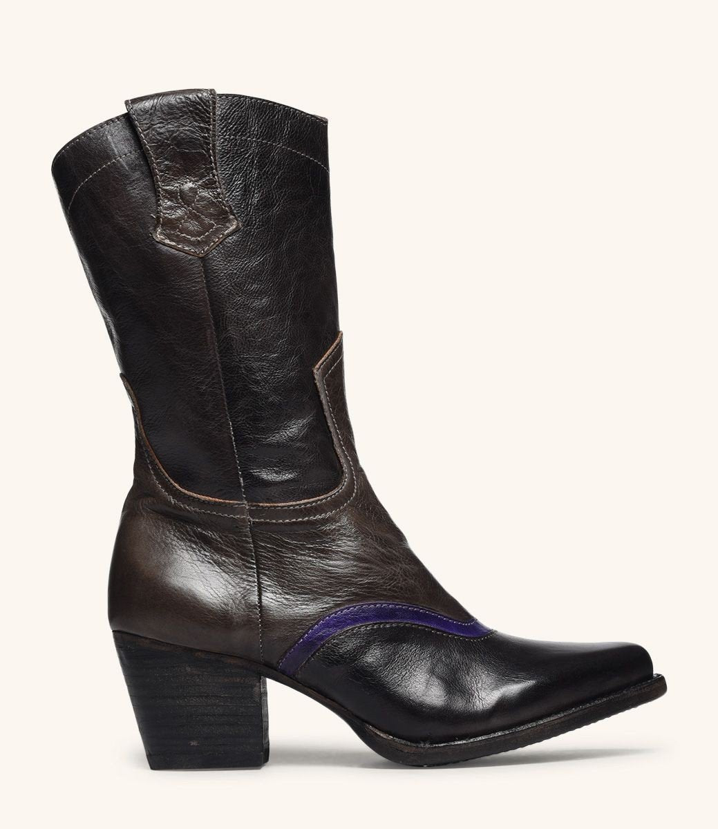 Basanti Mid-Calf Cowgirl Boots in Black Taupe by Oak Tree Farms
