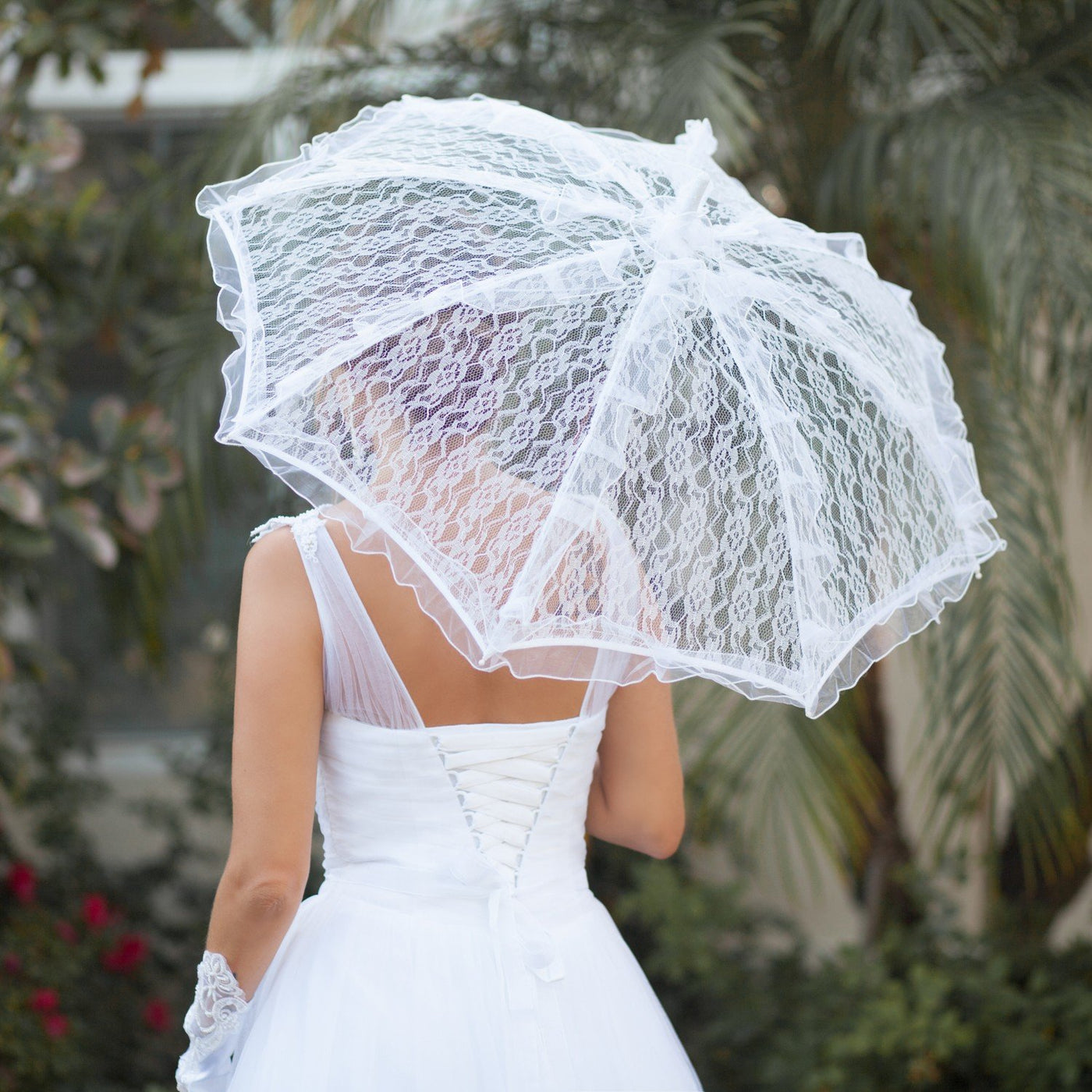 Vintage Style Bridal Lace Parasol with Tulle Ruffles