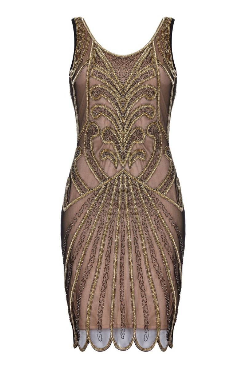 Art Deco Cocktail Dress in Nude Black