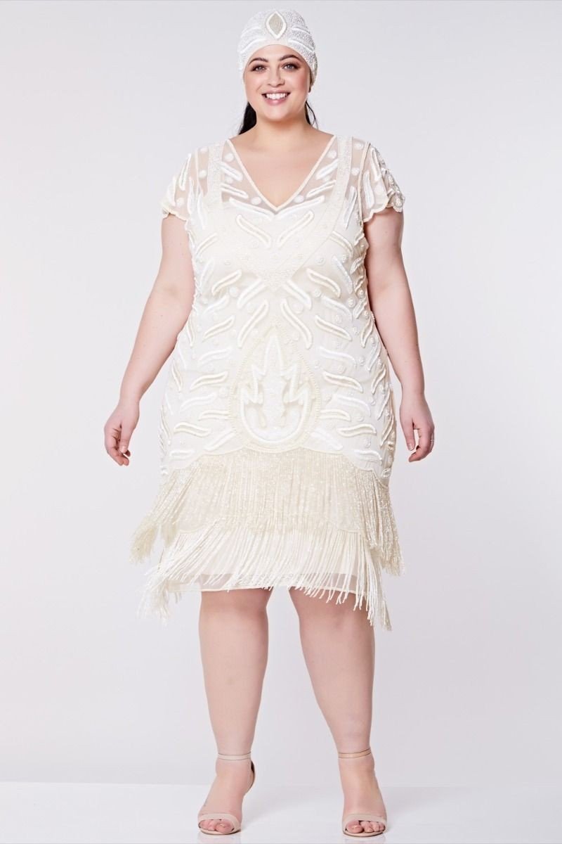 Art Deco Fringe Party Dress in Cream