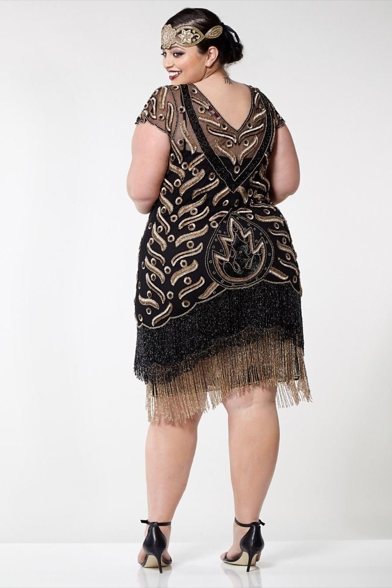 Art Deco Fringe Party Dress in Black Gold