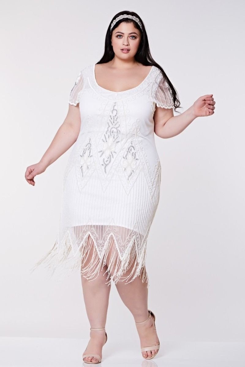 Flapper Style Fringe Party Dress in White Silver