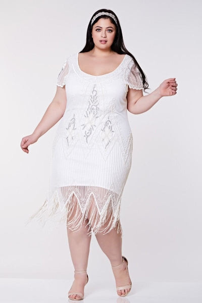 Flapper Style Fringe Party Dress in White Silver By Gatsby Lady