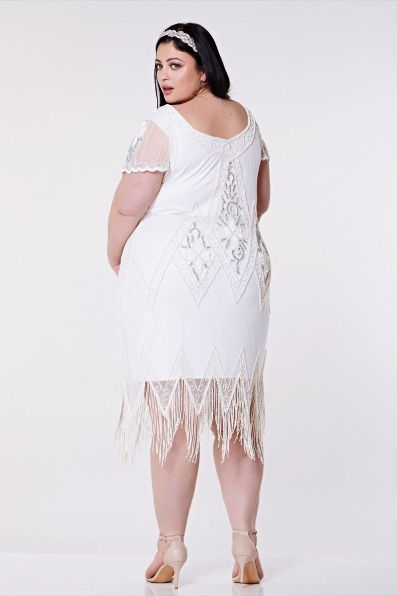 Flapper Style Fringe Party Dress in White Silver By Gatsby Lady