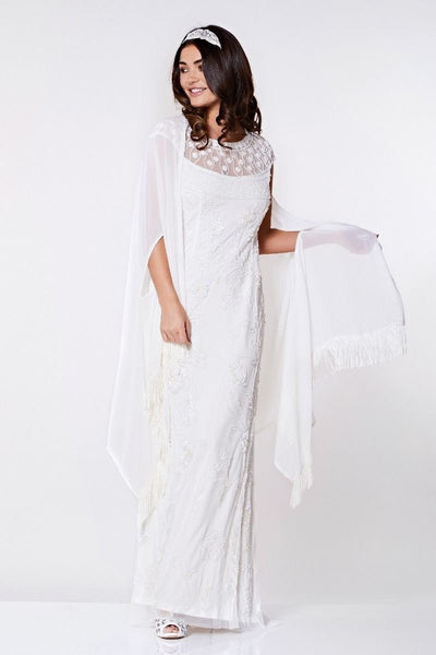 1920s Style Fringe Shawl in Off White