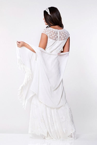 1920s Style Fringe Shawl in Off White