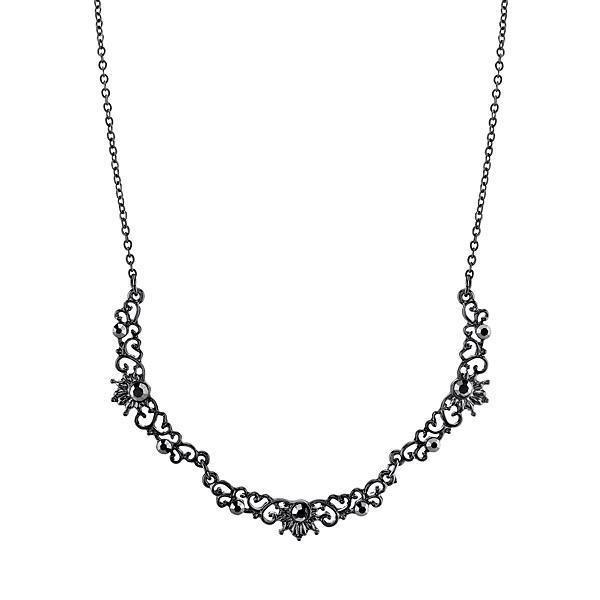 Downton Abbey Hematite Crystal Filigree Scallop Necklace by 1928 Jewelry