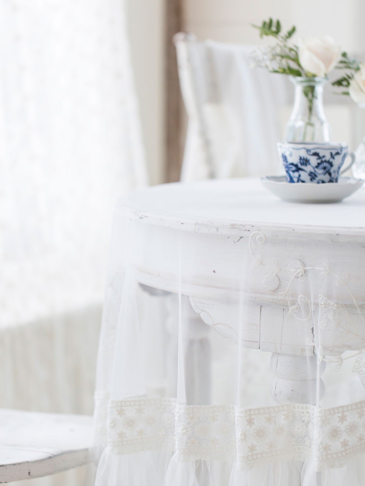 Tea Sheer Lace Round Cloth in Ecru by April Cornell