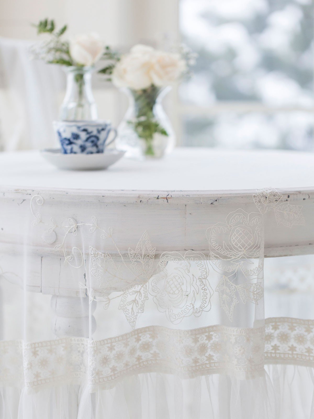 Tea Sheer Lace Round Cloth in Ecru by April Cornell