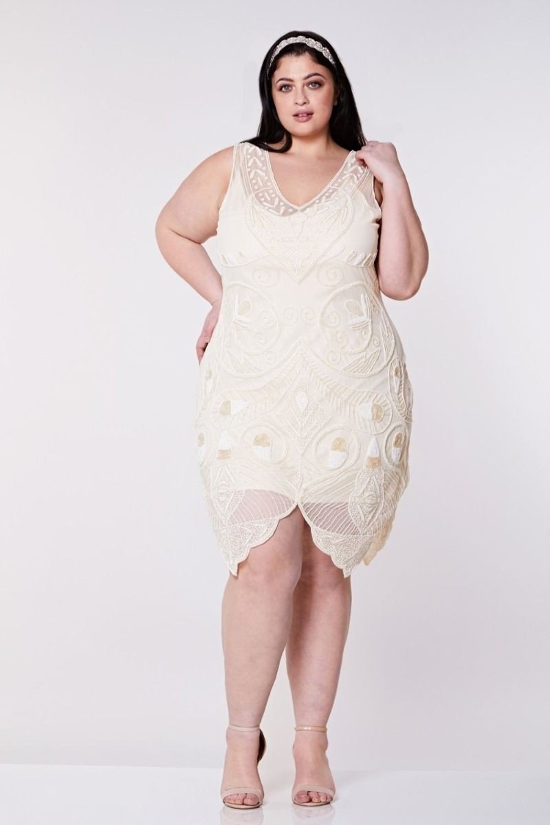 Emma Flapper Style Peacock Dress in Cream by Gatsby Lady