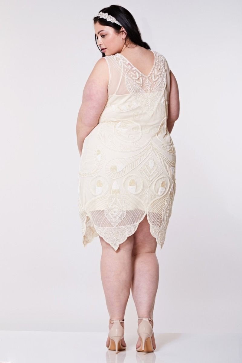 Emma Flapper Style Peacock Dress in Cream by Gatsby Lady