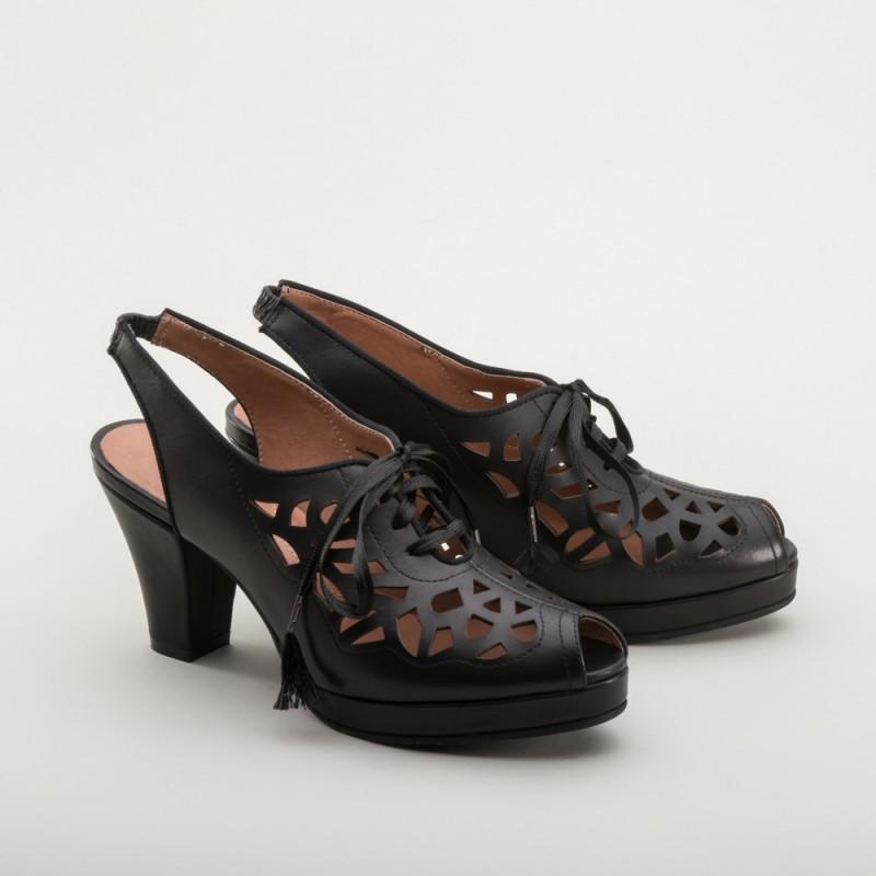 Rita 1940s Cutout Platform Slingbacks in Black by Royal Vintage Shoes