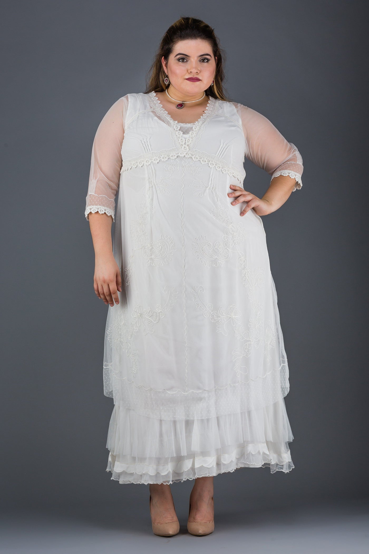 Plus SIze Vintage Style Party Gown in Ivory by Nataya