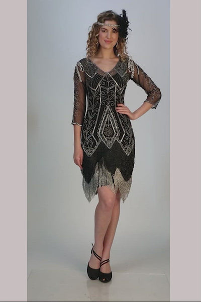 1920s Deco Fringe Party Dress in Black Silver