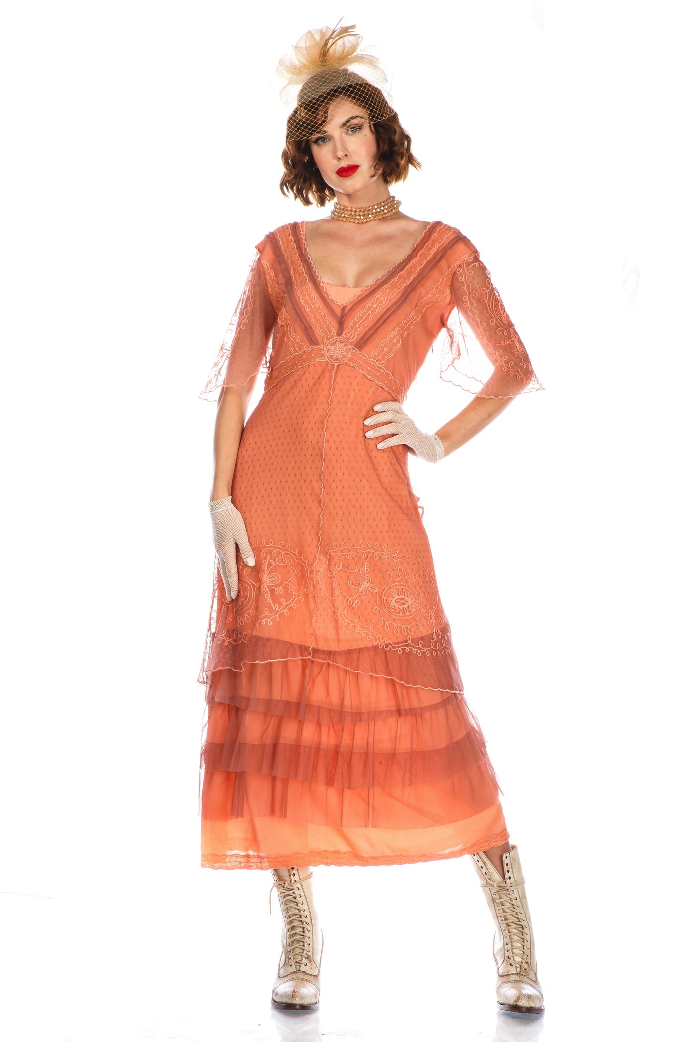 Sylvia 1920s Titanic Style Dress in Grapefruit Rose